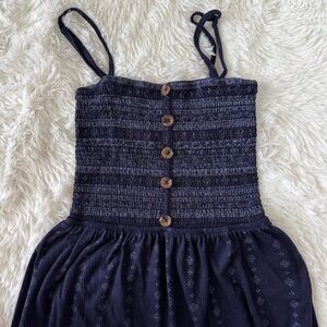 Navy Blue Smocked Button-Down Dress